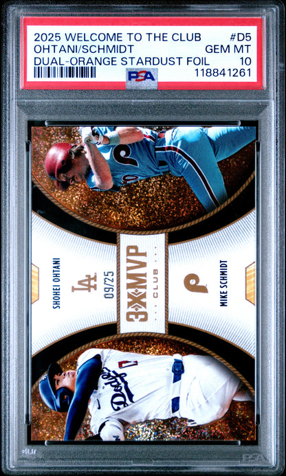 Shohei Ohtani + Mike Schmidt 2025 Topps Welcome to the Club Orange Stardust #9/25 PSA 10 Gem Mint