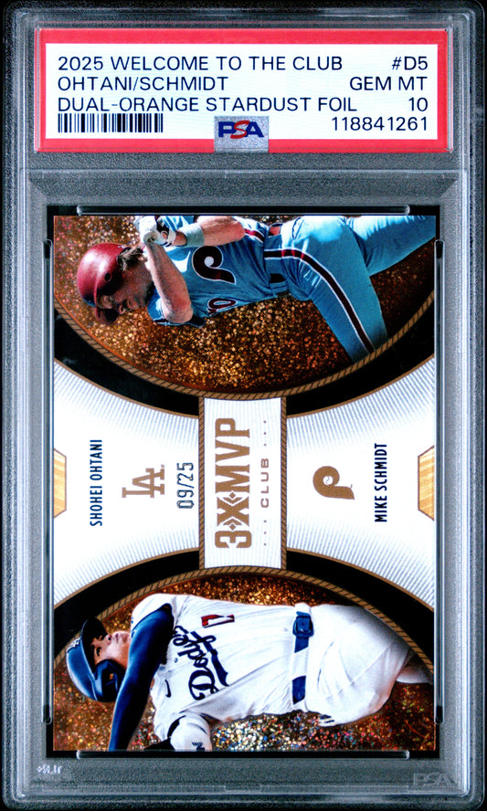 Shohei Ohtani + Mike Schmidt 2025 Topps Welcome to the Club Orange Stardust #9/25 PSA 10 Gem Mint