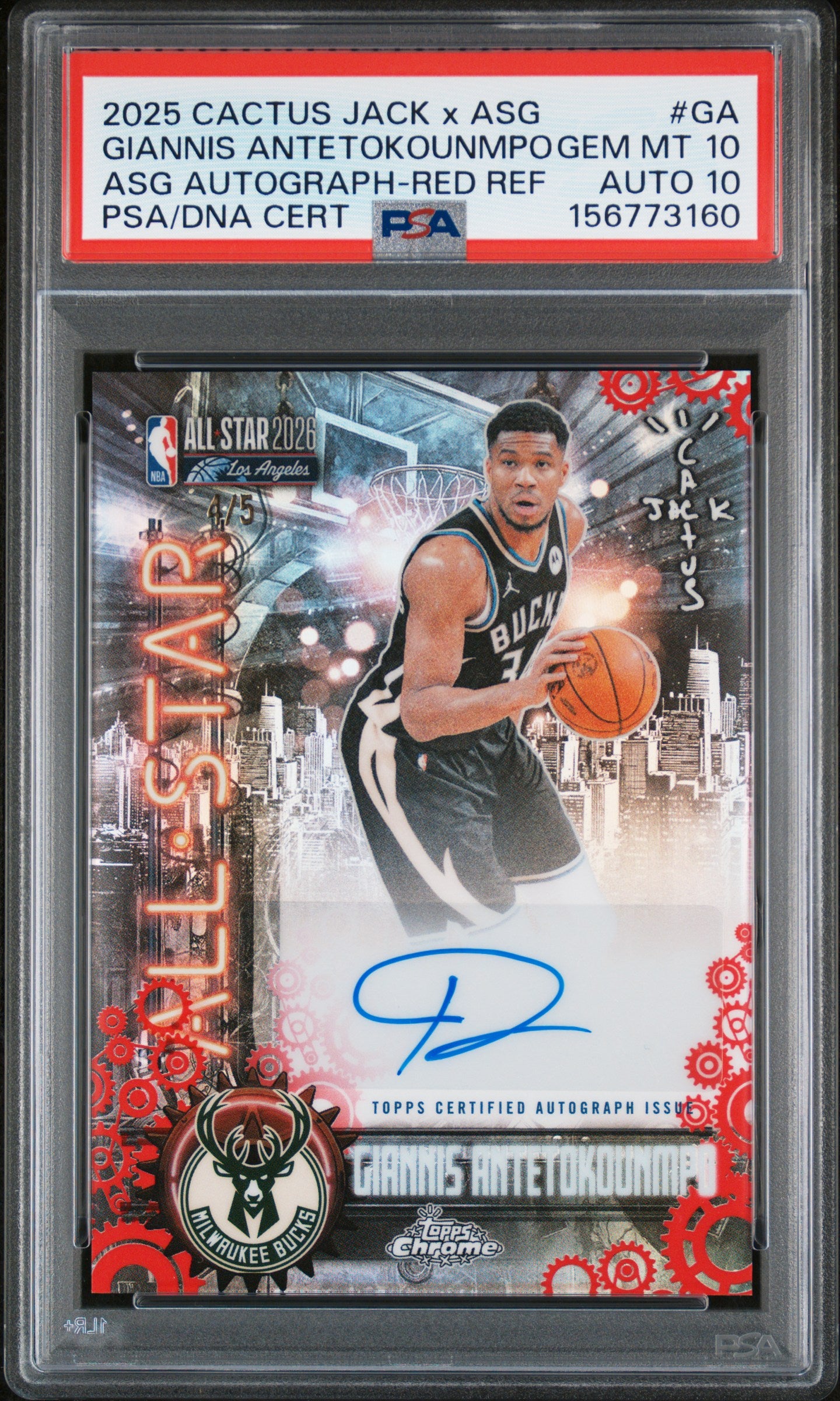 Giannis Antetokounmpo 2025 Topps Chrome Cactus Jack Red Auto #4/5 PSA 10 Auto 10
