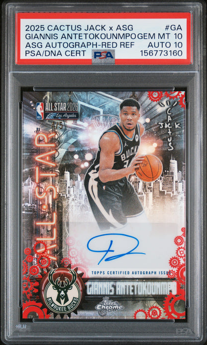 Giannis Antetokounmpo 2025 Topps Chrome Cactus Jack Red Auto #4/5 PSA 10 Auto 10