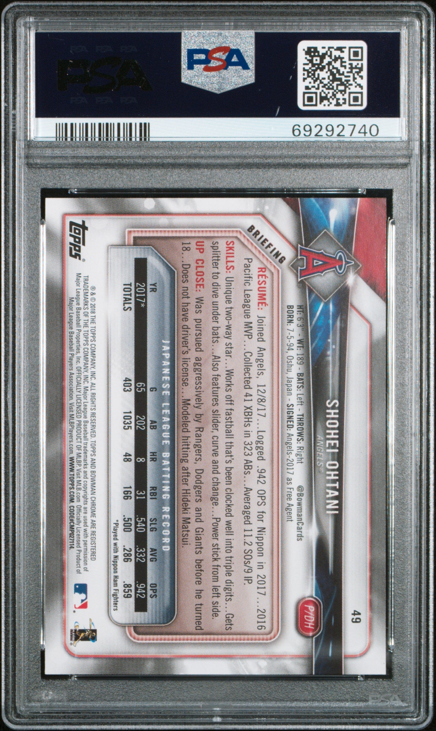 Shohei Ohtani 2018 Bowman Rookie #49 PSA 9 Mint 2740