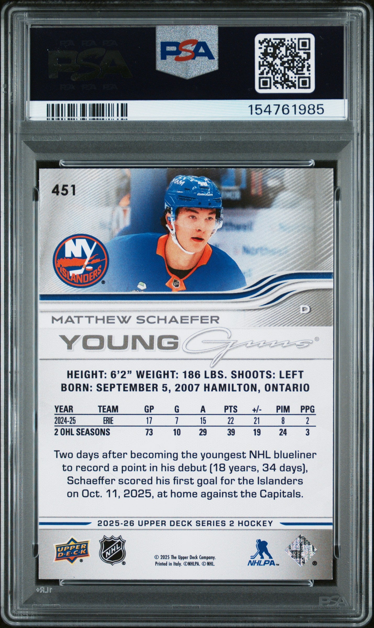 Matthew Schaefer 2025 Upper Deck Rookie #451 PSA 9 Mint 1985