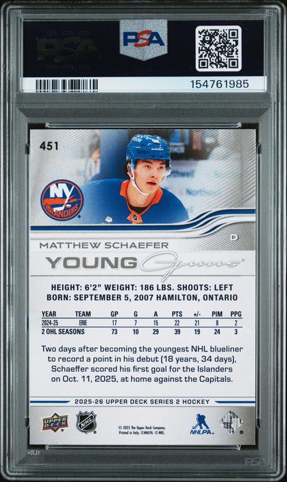 Matthew Schaefer 2025 Upper Deck Rookie #451 PSA 9 Mint 1985