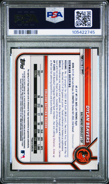 Dylan Beavers 2022 Bowman Draft Chrome Auto Blue Refractor #96/150 PSA 10 Gem Mint