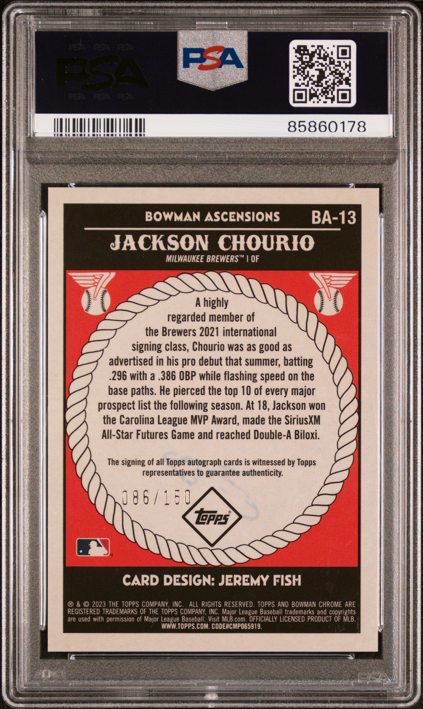 Jackson Chourio 2023 Bowman Chrome Ascensions Auto #86/150 PSA 9 Mint