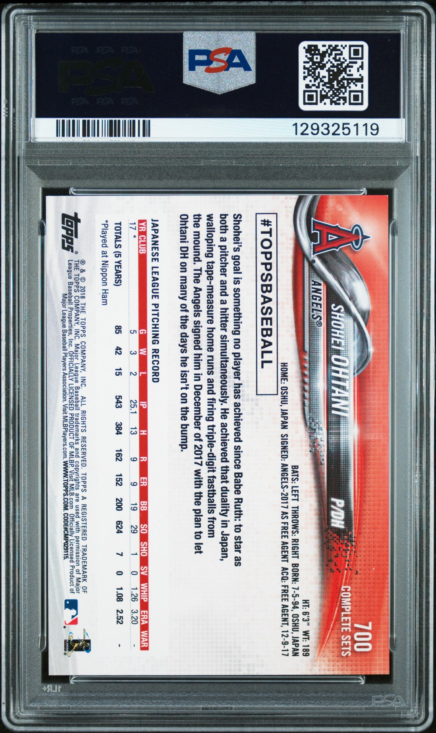 Shohei Ohtani 2018 Topps Complete Set Rookie #700 PSA 9 Mint