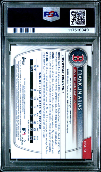 Franklin Arias 2025 Bowman Green Shimmer Auto #62/99 PSA 9 Mint