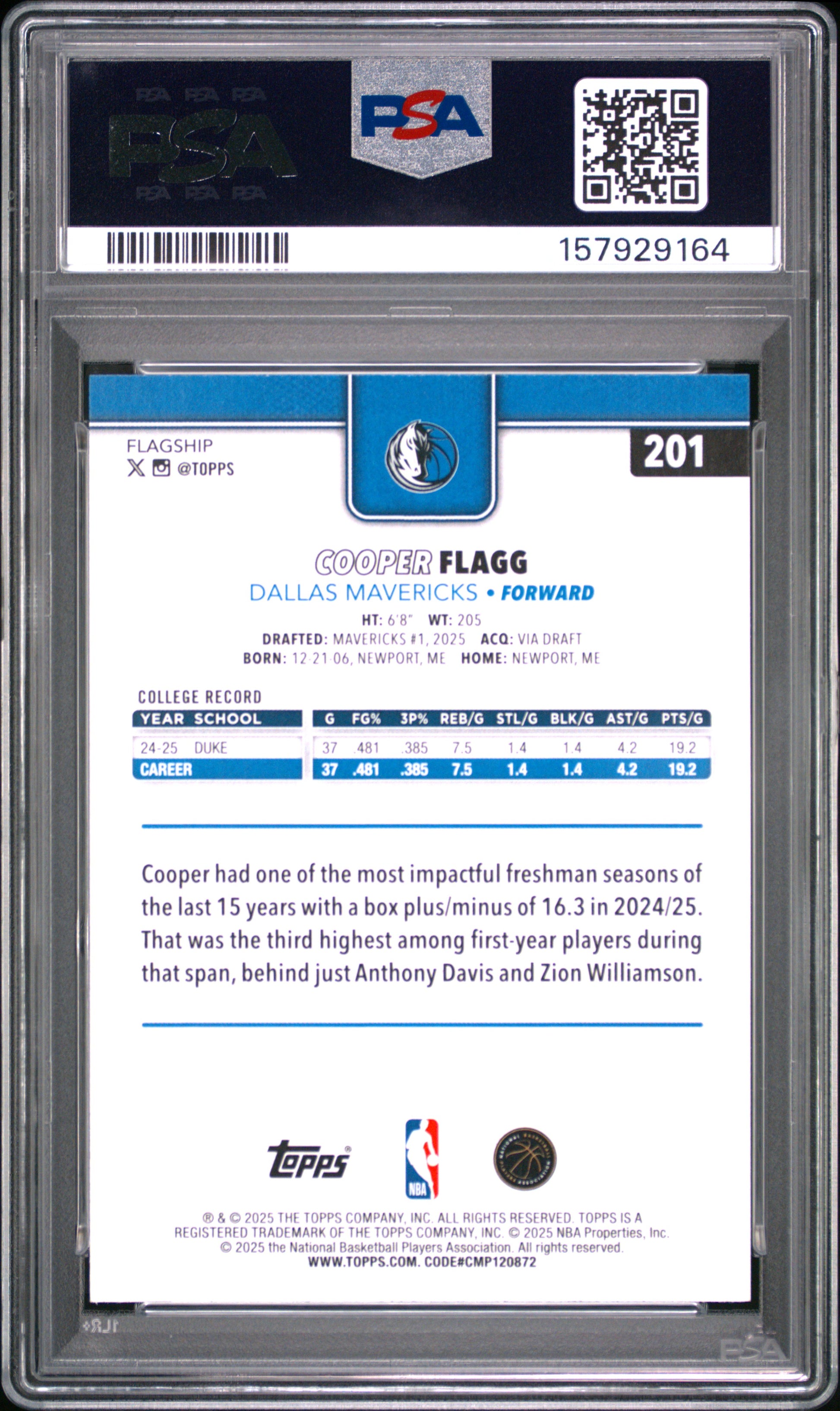 Cooper Flagg 2025 Topps Rookie #201 PSA 10 Gem Mint 9164