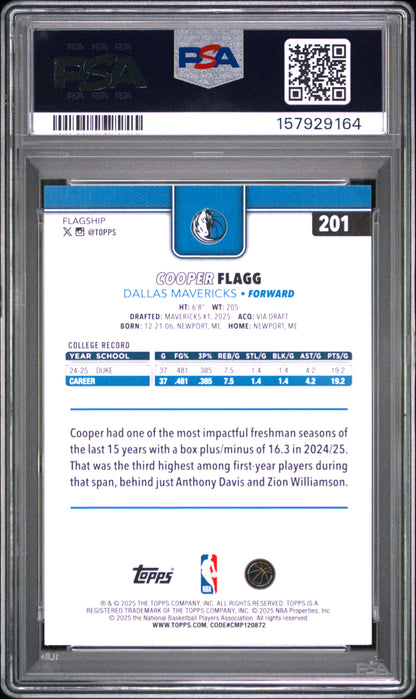 Cooper Flagg 2025 Topps Rookie #201 PSA 10 Gem Mint 9164