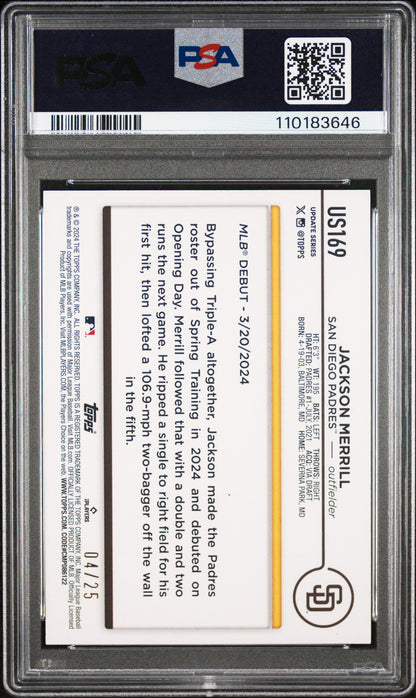 Jackson Merrill 2024 Topps Update #US169 Memorial Day Camo #4/25 PSA 9 Mint