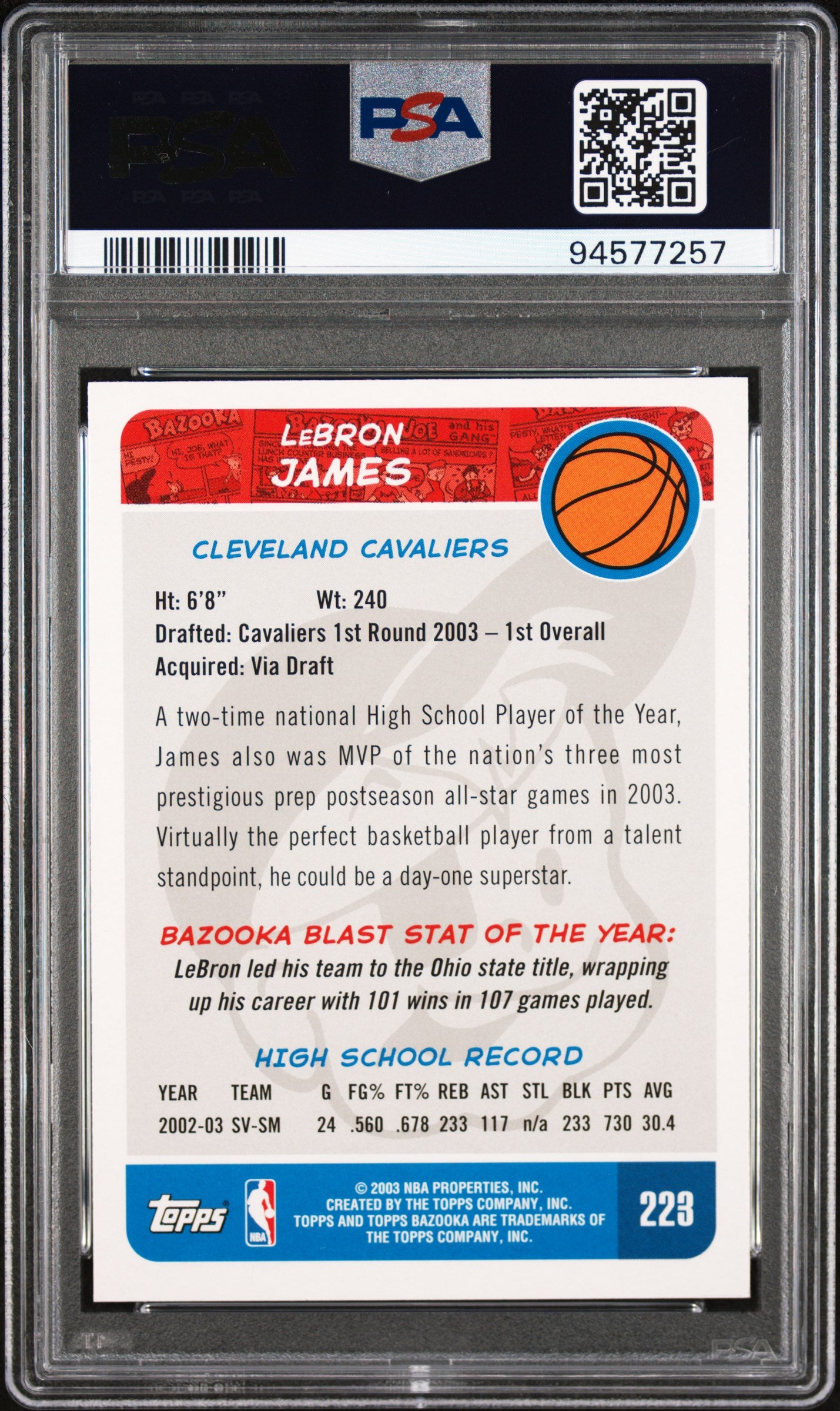 LeBron James 2003 Topps Bazooka Rookie #223 White Jersey PSA 9 Mint