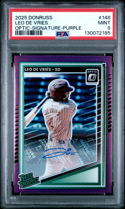 Leo De Vries 2025 Donruss Optic Purple Auto #9/49 PSA 9 Mint