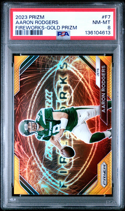 Aaron Rodgers 2023 Panini Prizm Fireworks Gold Prizm #8/10 PSA 8 Nm-Mint