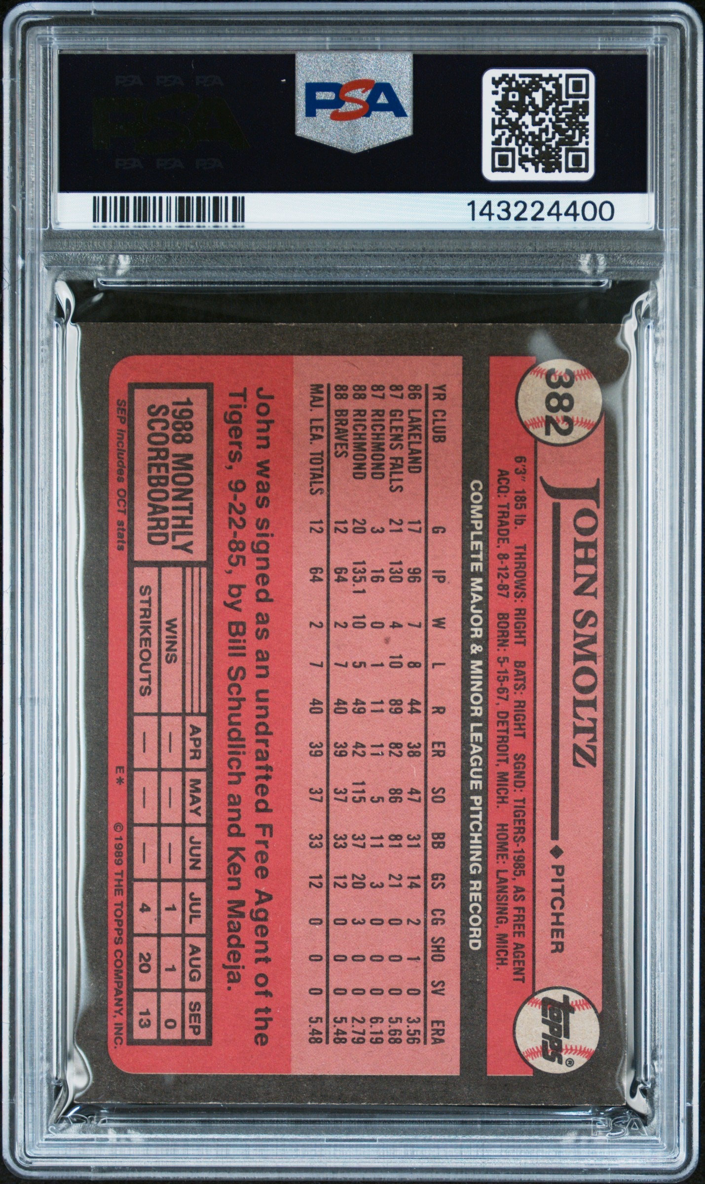 John Smoltz 1989 Topps #382 Rookie Auto PSA 10 Auto