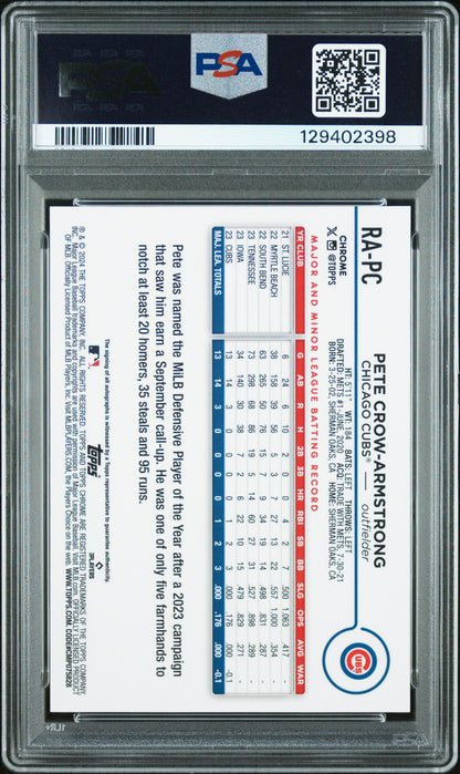 Pete Crow-Armstrong 2024 Topps Chrome Blue Refractor Rookie Auto #91/150 PSA 9 Auto 10