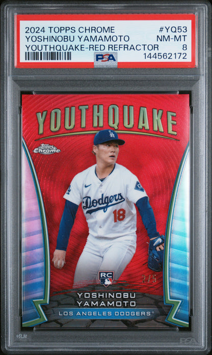 Yoshinobu Yamamoto 2024 Topps Chrome Youthquake Red Refractor #2/5 PSA 8 Nm-Mint