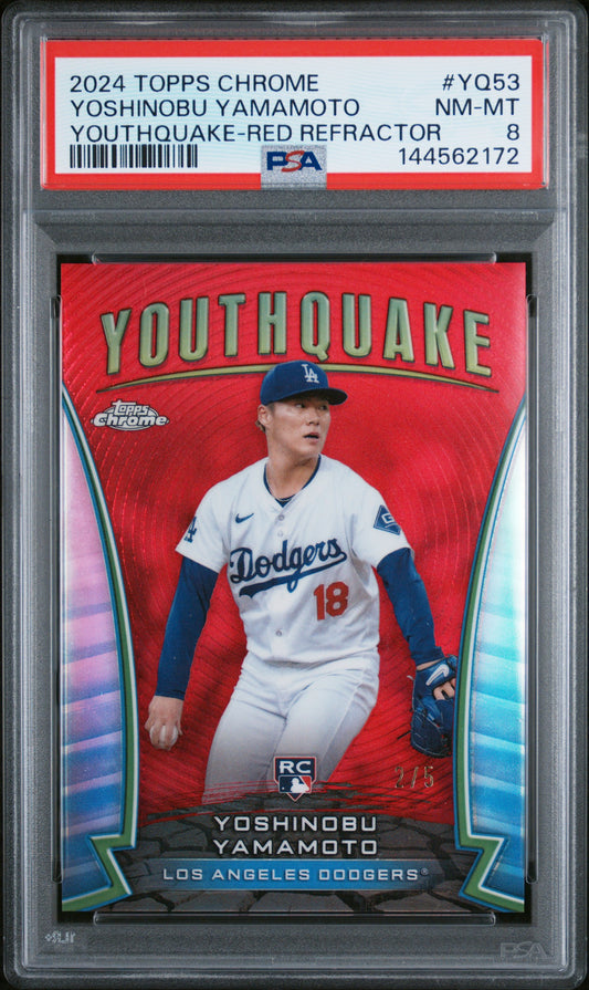Yoshinobu Yamamoto 2024 Topps Chrome Youthquake Red Refractor #2/5 PSA 8 Nm-Mint