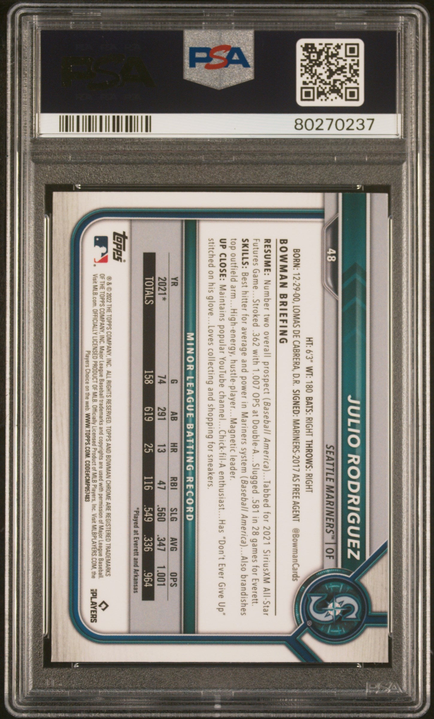 Julio Rodriguez 2022 Bowman Chrome Sapphire #48 PSA 10 Gem Mint