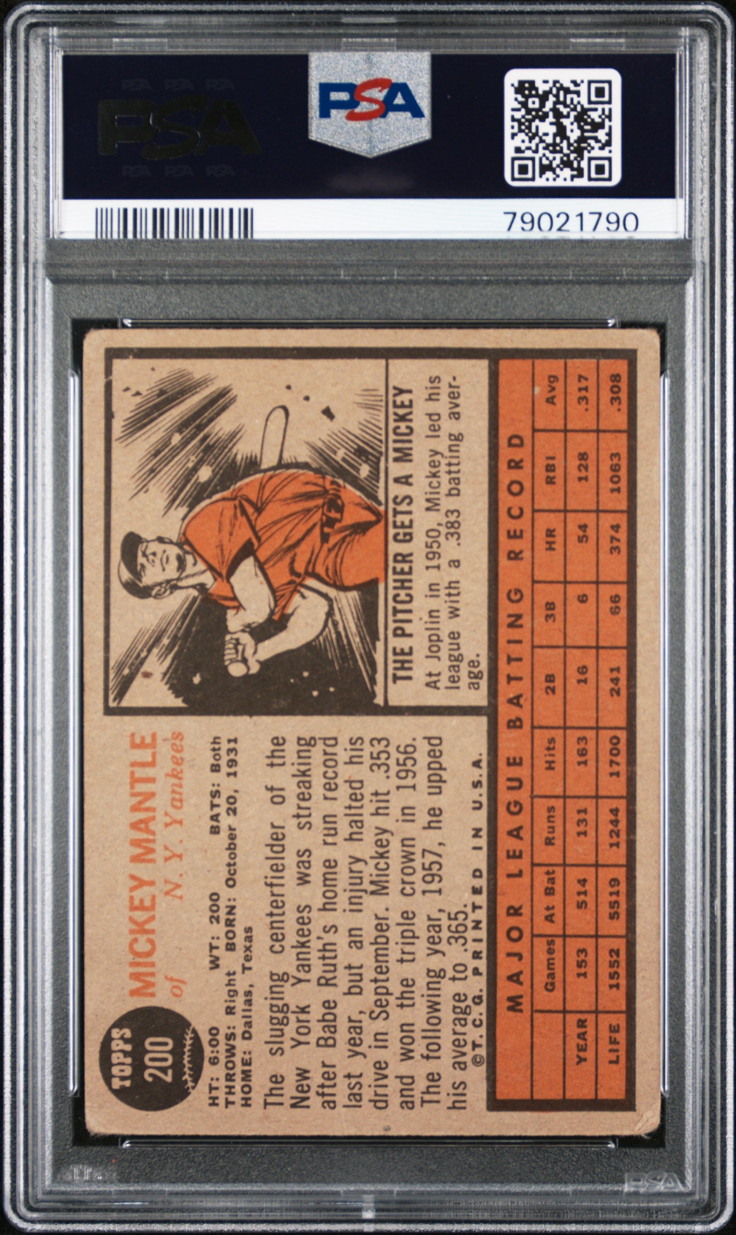 Mickey Mantle 1962 Topps #200 PSA 2 Good 1790