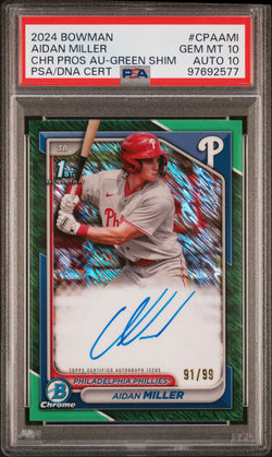 Aidan Miller 2023 Bowman Chrome Green Shimmer Auto #91/99 PSA 10 Auto 10