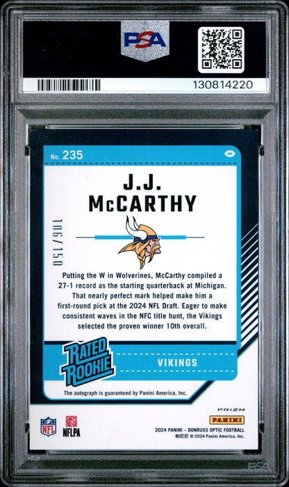 J.J. McCarthy 2024 Donruss Optic Rookie Holo Autograph #106/150 PSA 9 Mint