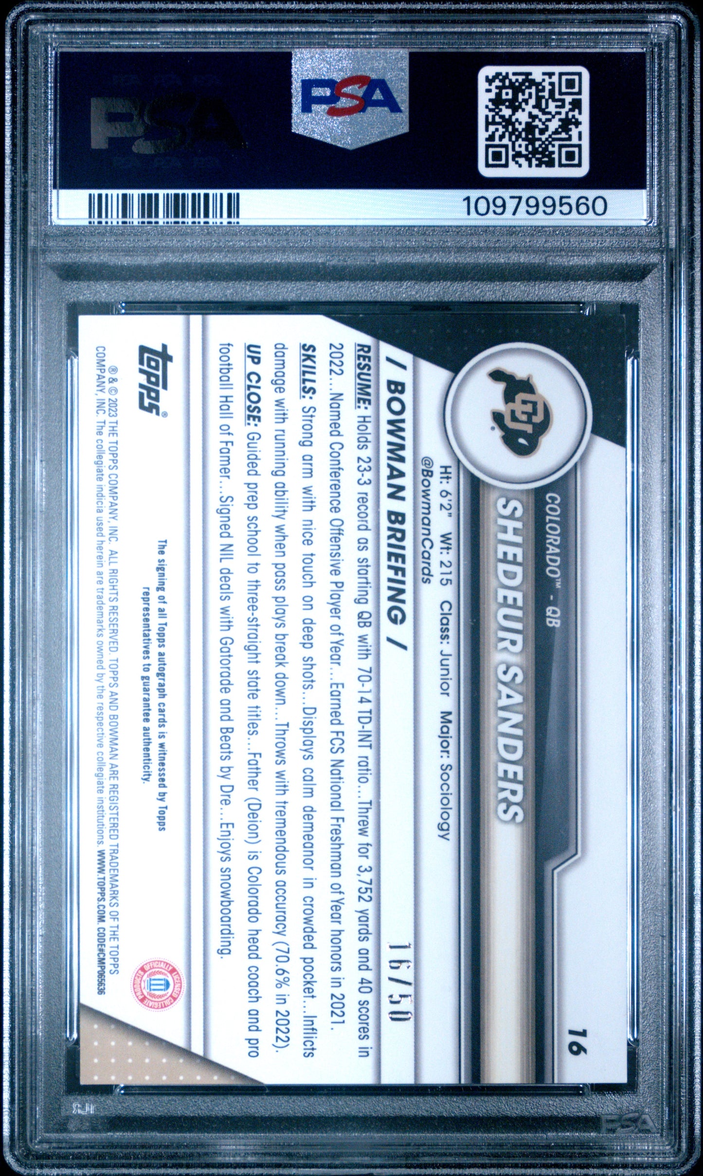 Shedeur Sanders 2023 Bowman Chrome U Gold Refractor Auto #16/50 PSA 10 Gem Mint