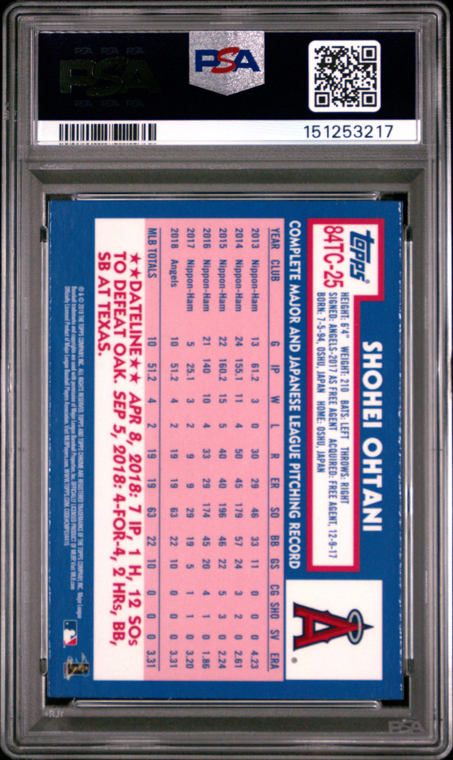 Shohei Ohtani 2019 Topps Chrome 1984 Topps PSA 10 Gem Mint 3217