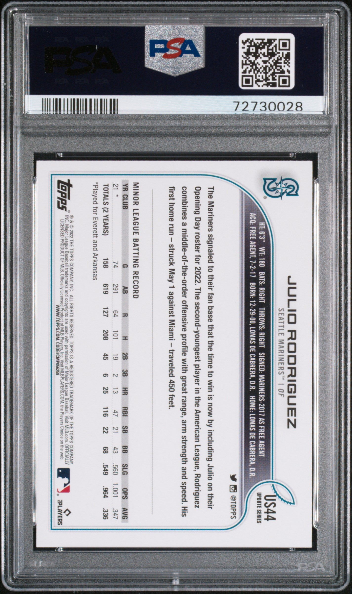 Julio Rodriguez 2022 Topps Update SP Rookie #US44 PSA 10 Gem Mint