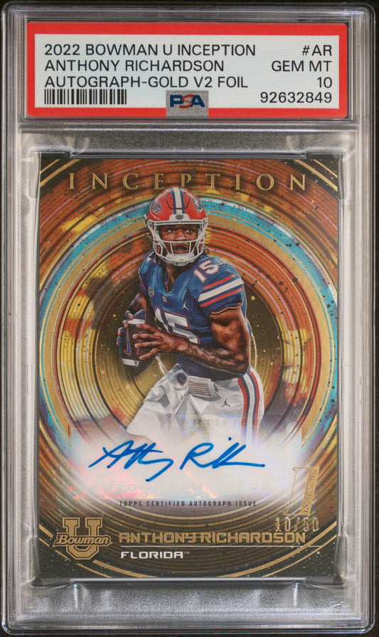 Anthony Richardson 2022 Bowman U Inception Gold Auto #10/50 PSA 10 Gem Mint