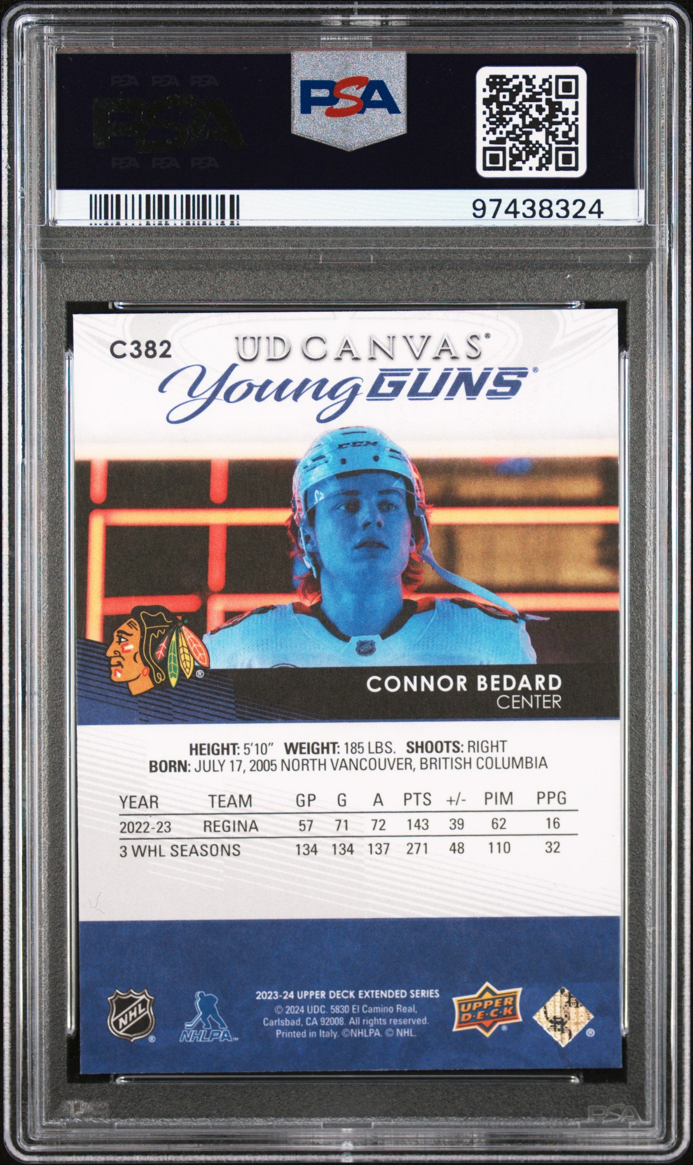 Connor Bedard 2023 Upper Deck Canvas #382 PSA 9 Mint
