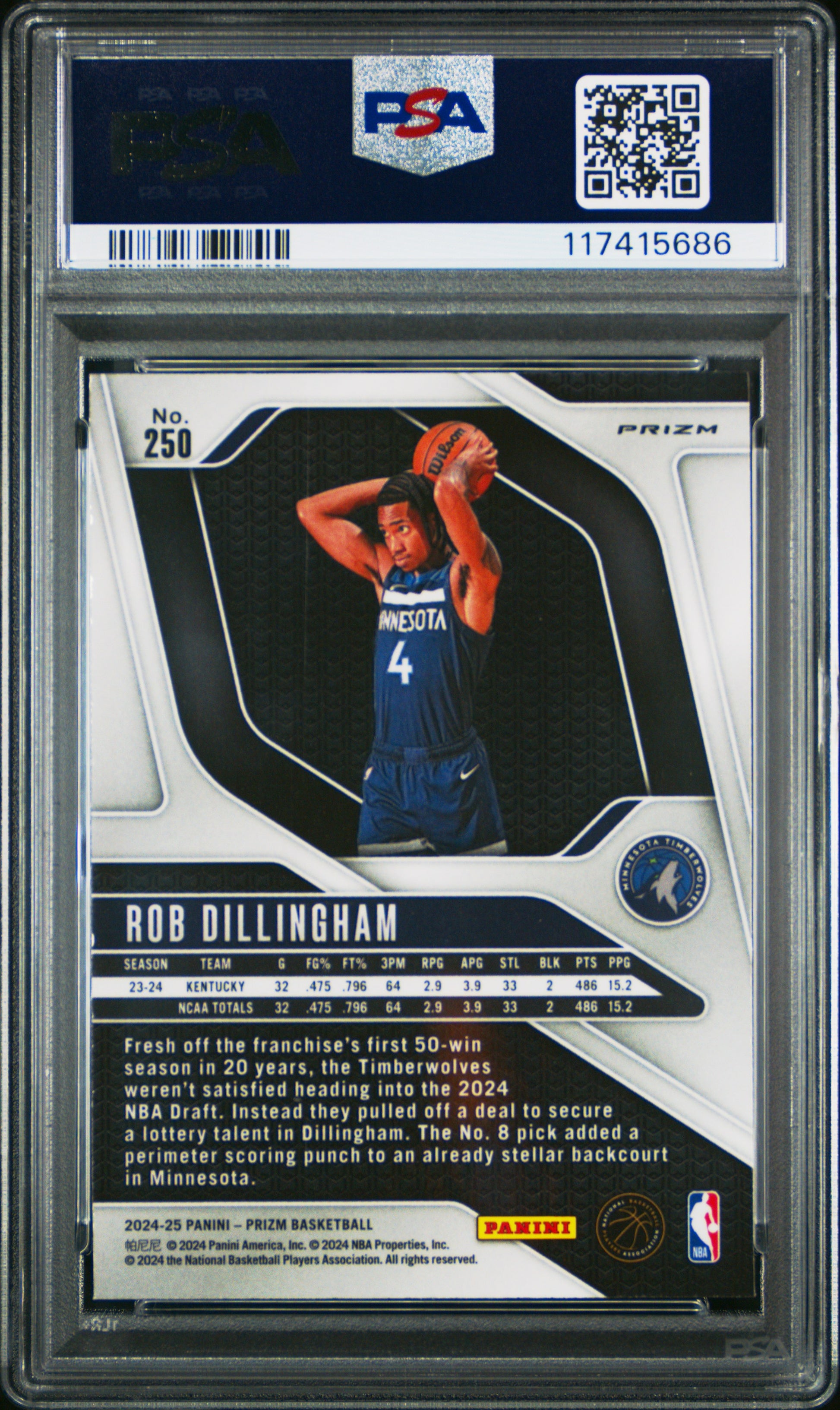Rob Dillingham 2024 Panini Prizm Rookie #250 White Tiger Stripe PSA 10 Gem Mint