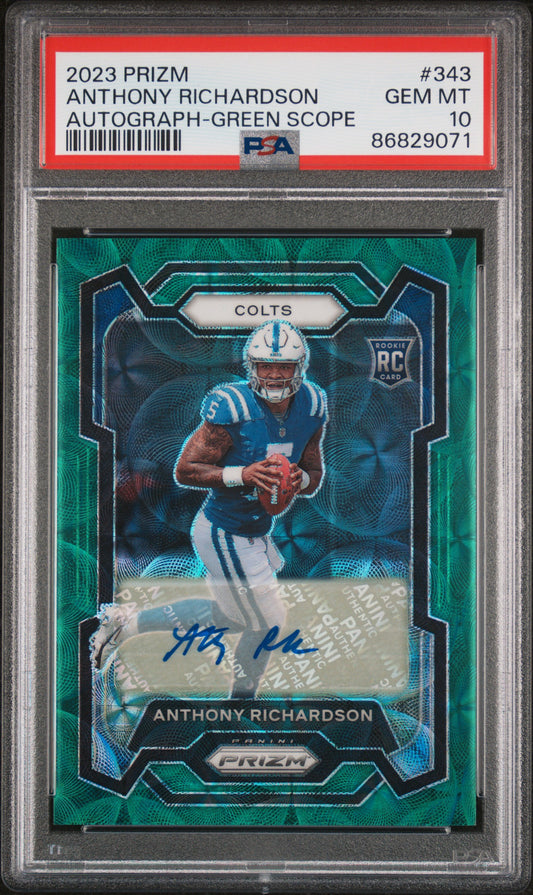 Anthony Richardson 2023 Panini Prizm Rookie #343 Green Scope Autograph #14/75 PSA 10 Gem Mint