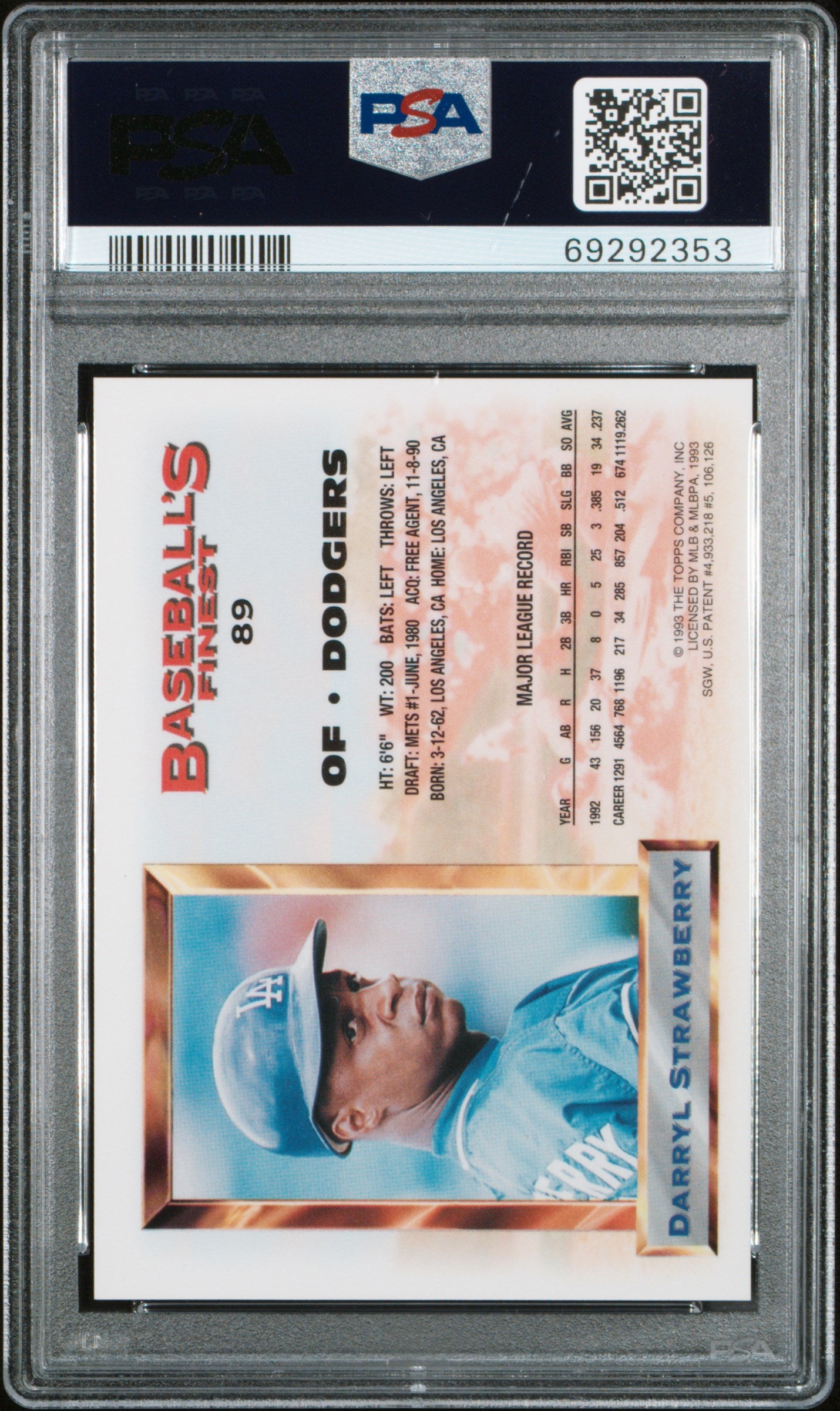 Darryl Strawberry 1993 Topps Finest All-Star Refractor #89 PSA 8 Nm-Mint