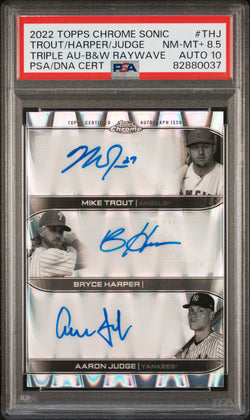 Mike Trout/Bryce Harper/Aaron Judge 2022 Topps Chrome Sonice Auto #9/10 PSA 8.5 Auto 10
