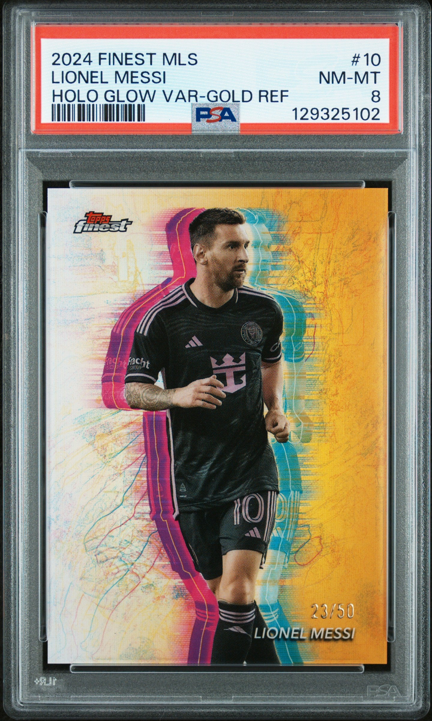 Lionel Messi 2024 TOpps Finest MLS #10 Holo Glow Gold Refractor #23/50 PSA 8 Nm-Mint