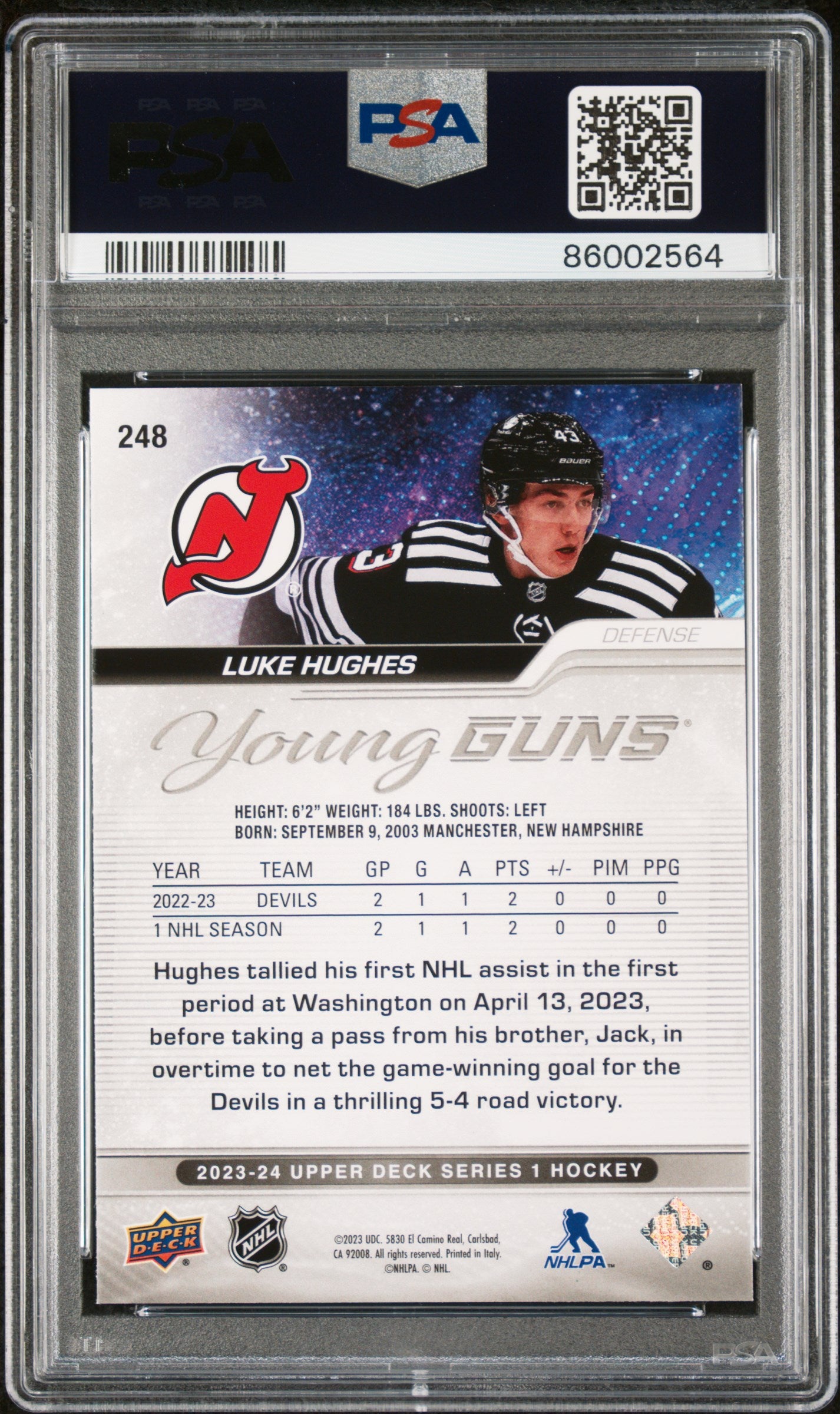 Luke Hughes 2023 Upper Deck Rookie #248 Outburst Silver PSA 10 Gem Mint