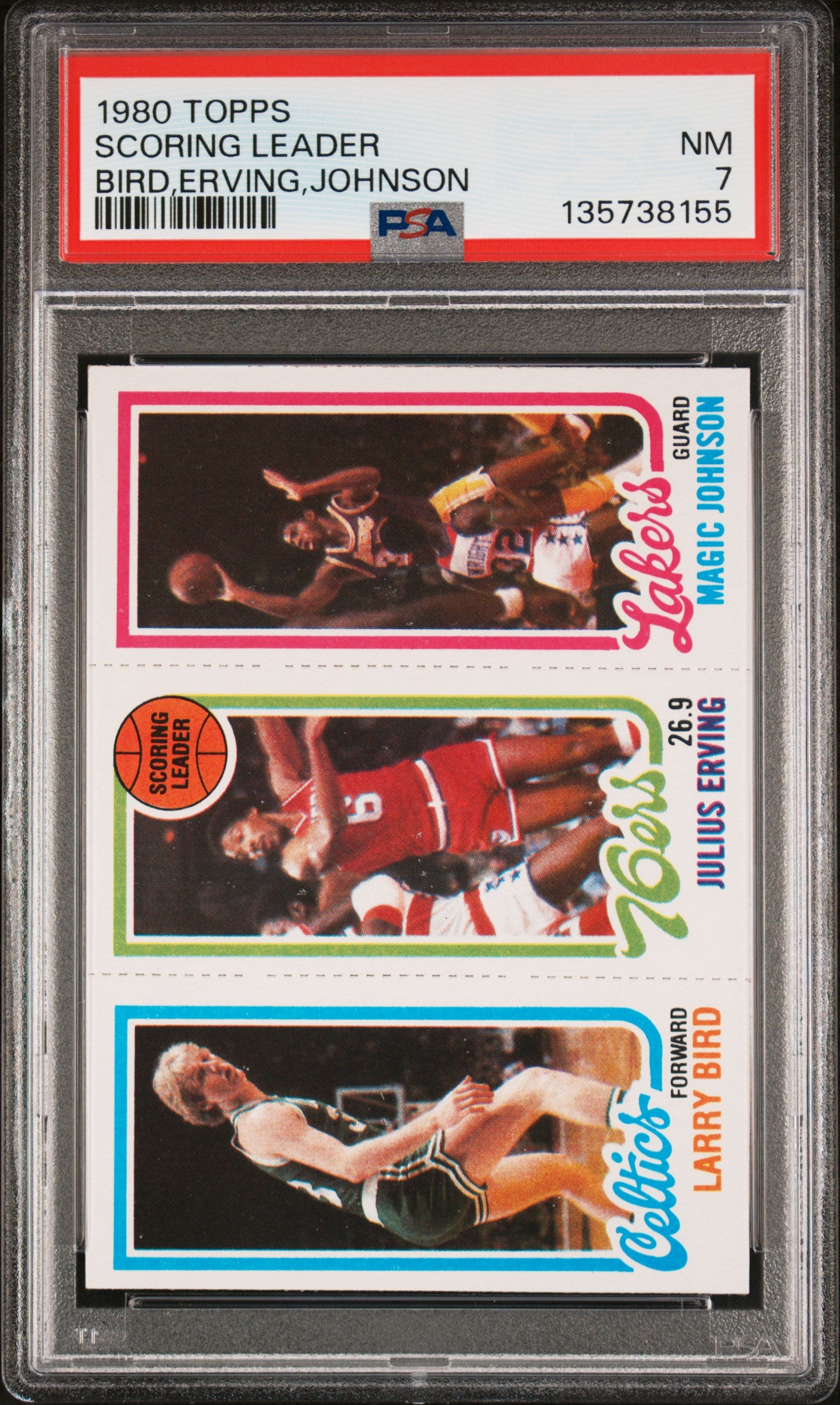 Magic Johnson + Larry Bird + Julius Erving 1980 Topps Rookie Card PSA 7 Near Mint 8155