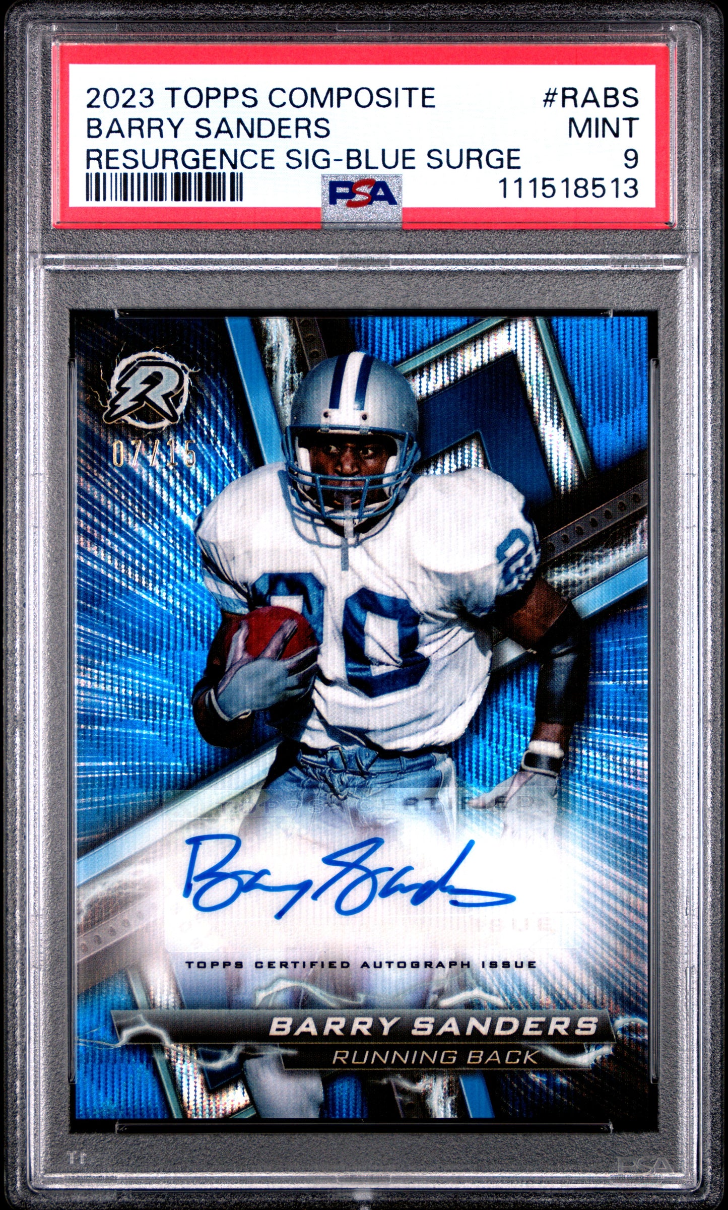 Barry Sanders 2023 Topps Compositie Resurgence Blue Surge Auto #7/15 PSA 9 Mint