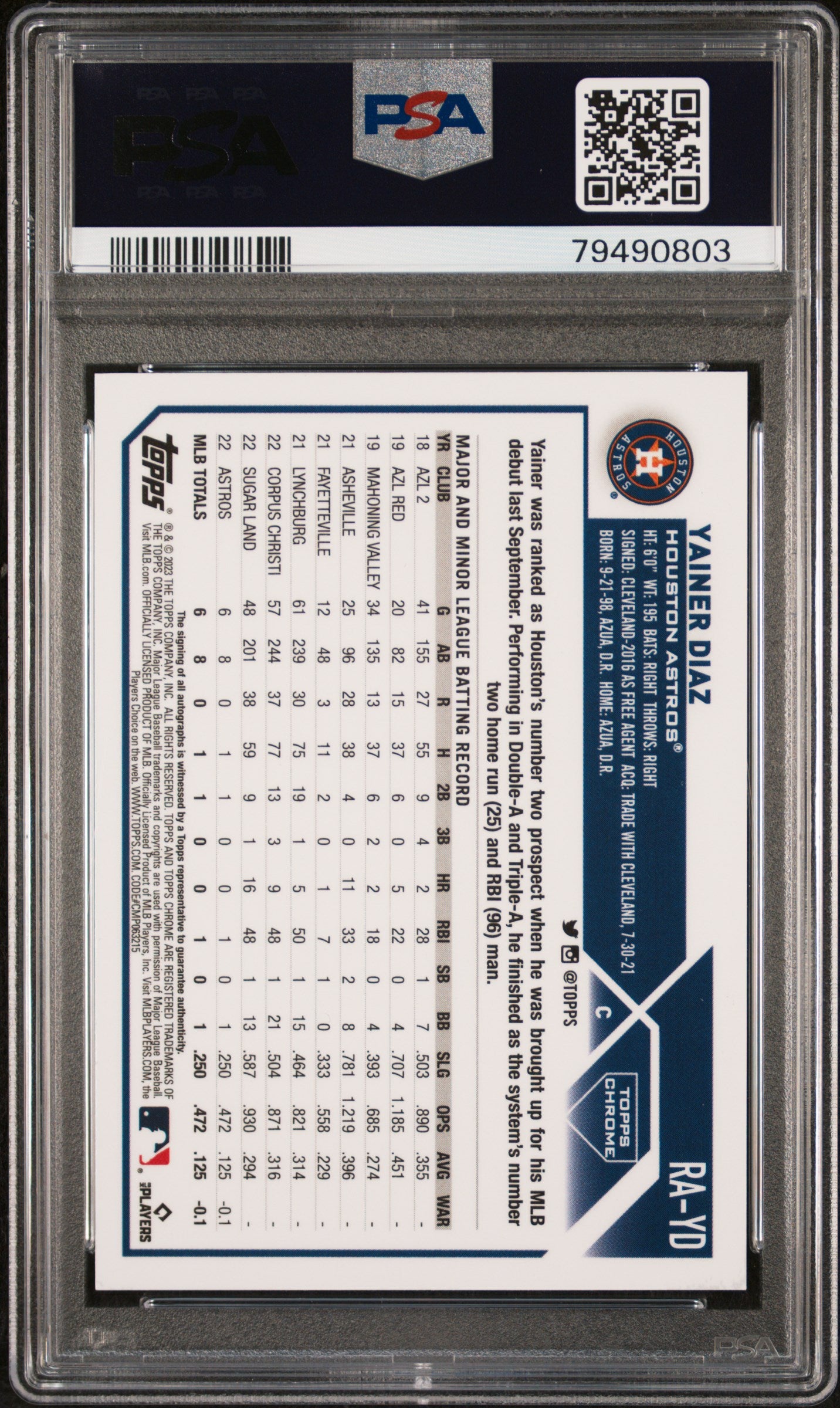 Yainer Diaz 2023 Topps Chrome Blue Raywave Auto PSA 10 Gem Mint