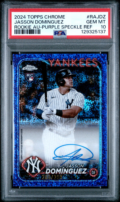 Jasson Dominguez 2024 Topps Chrome Purple Speckle Rookie Auto #264/299 PSA 10 Gem Mint
