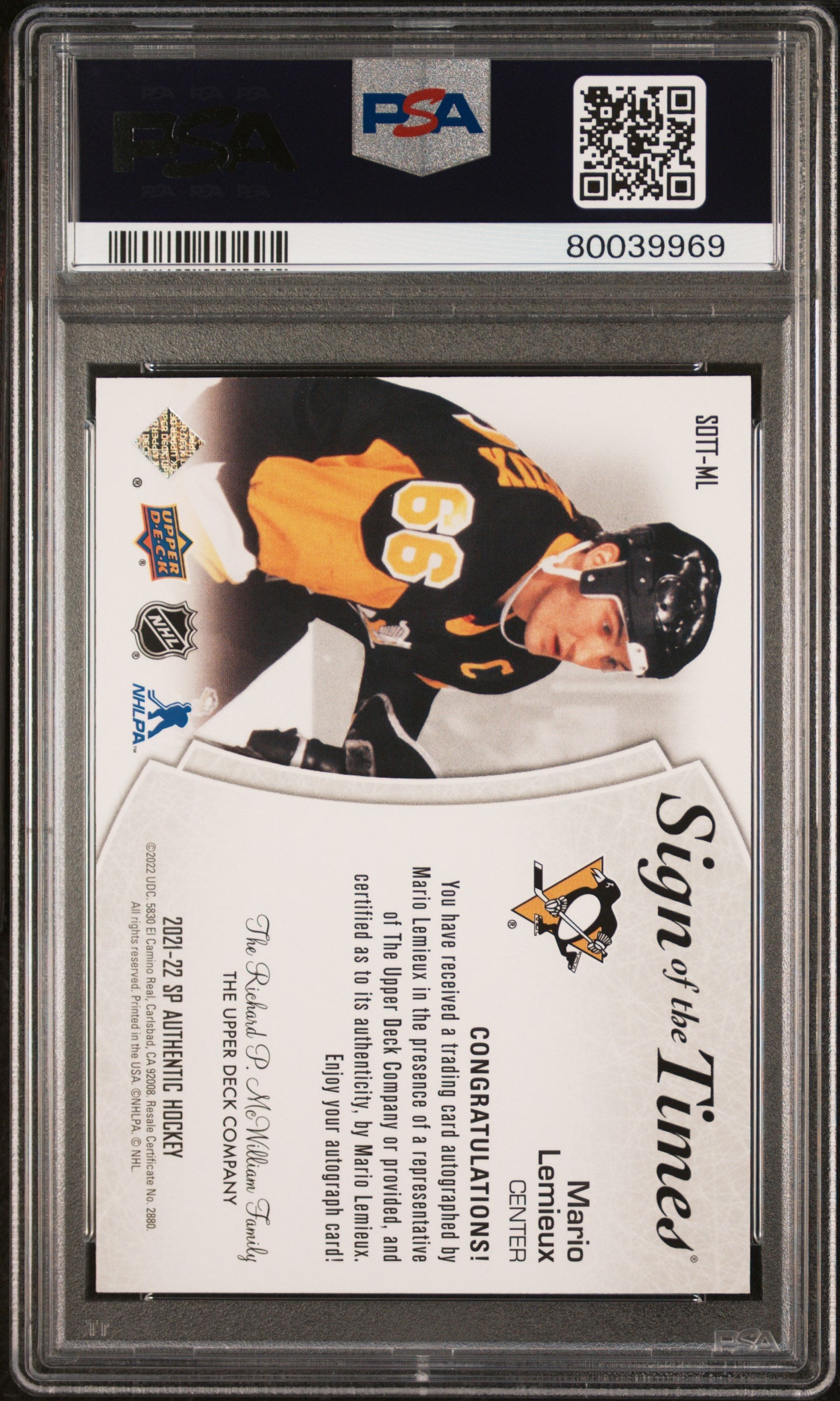 Mario Lemieux 2021 Upper Deck SP Authentic Sign of the Times Autograph PSA 10 Auto 10