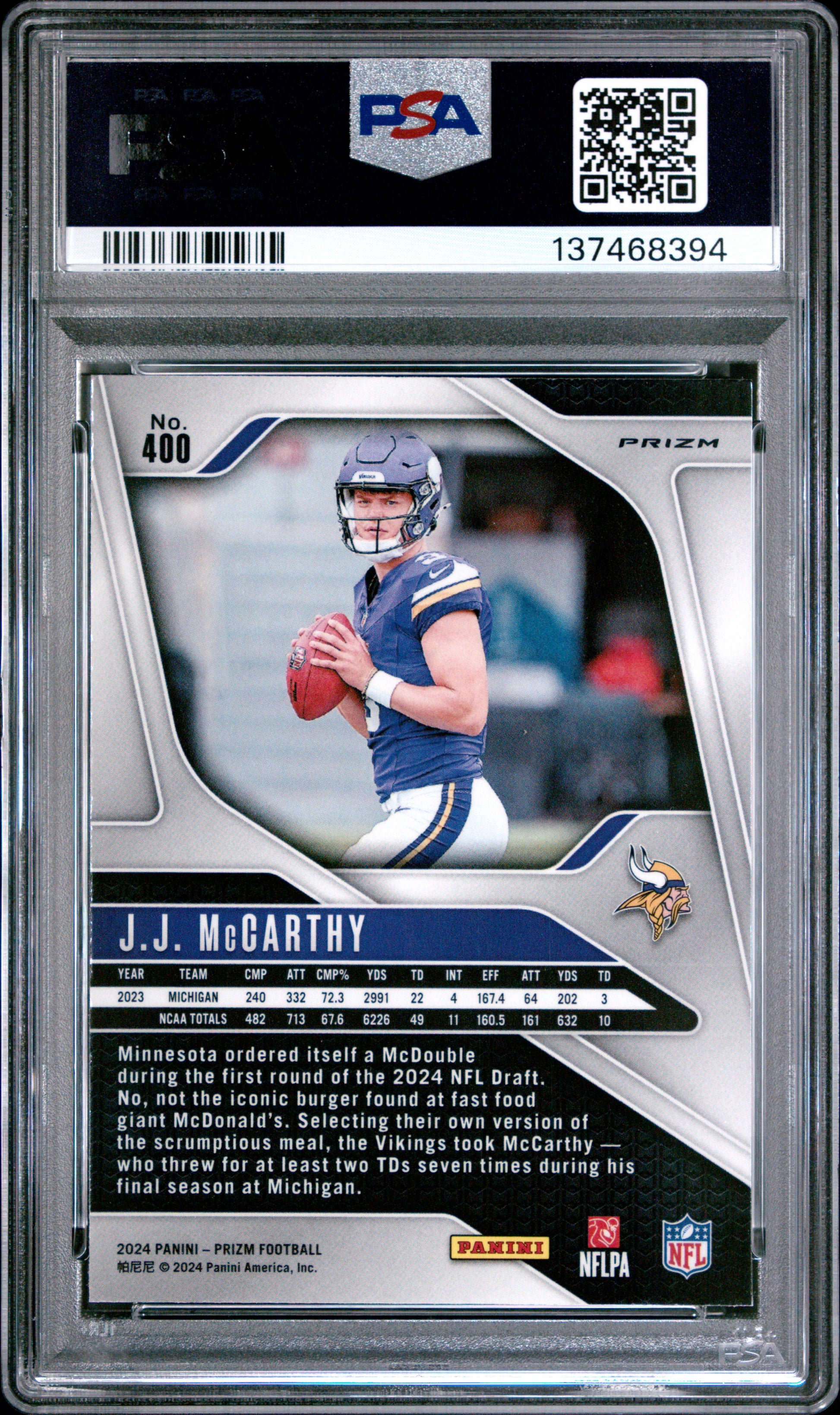 J.J. McCarthy 2024 Panini Prizm Rookie #400 Silver Prizm PSA 10 Gem Mint