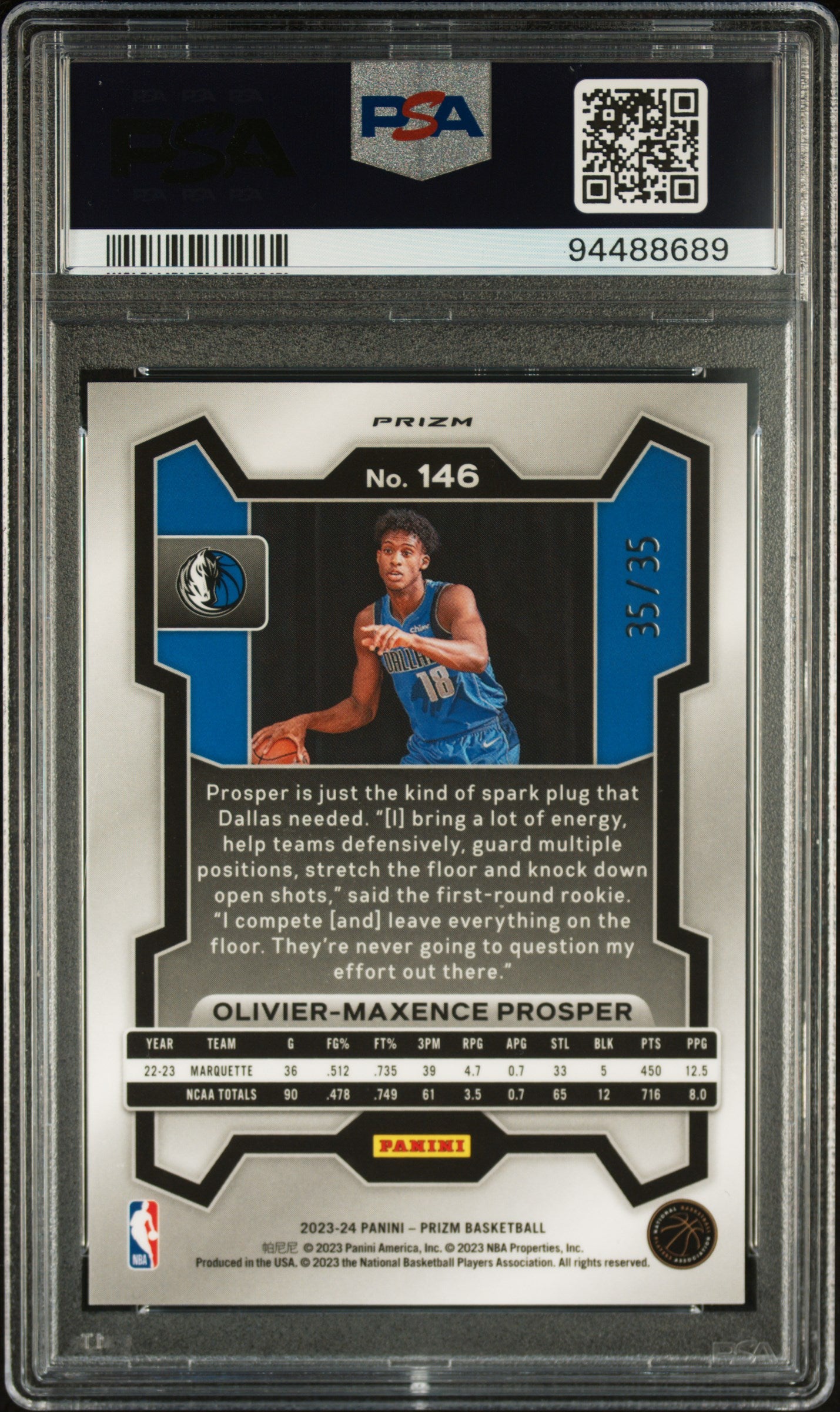 Olivier-Maxence Prosper 2023 Panini Prizm Purple Pulsar #35/35 PSA 10 Gem Mint