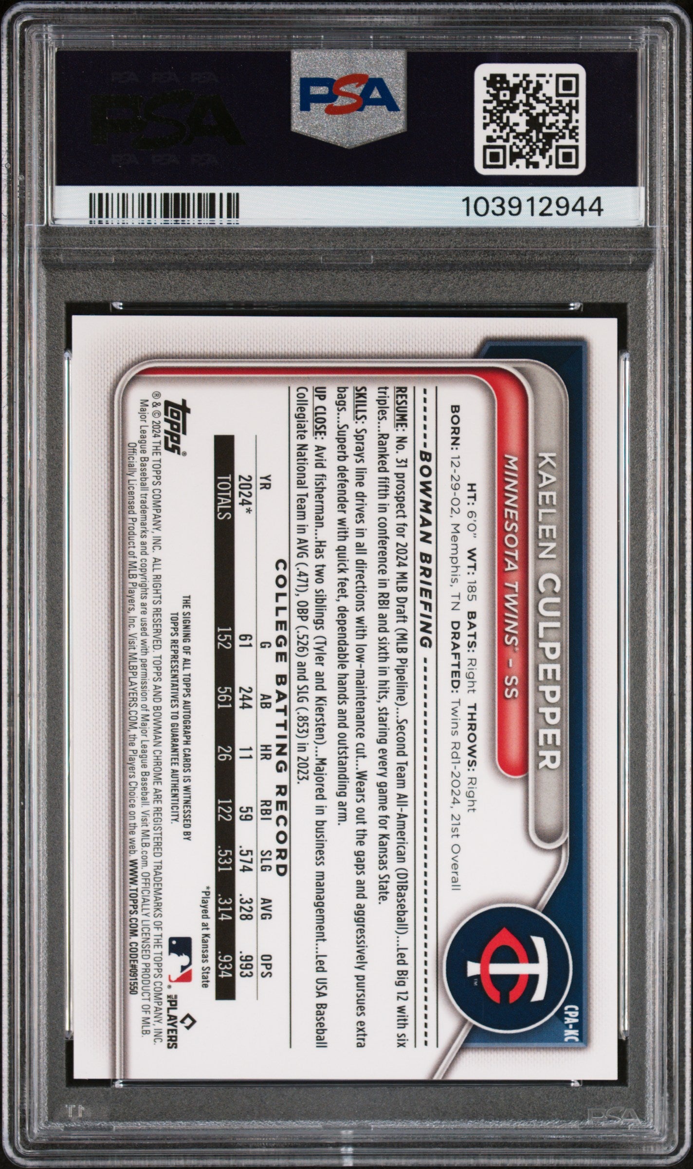 Kaelen Culpepper 2024 Bowman Draft Yellow Refractor Auto #47/75 PSA 10 Gem Mint