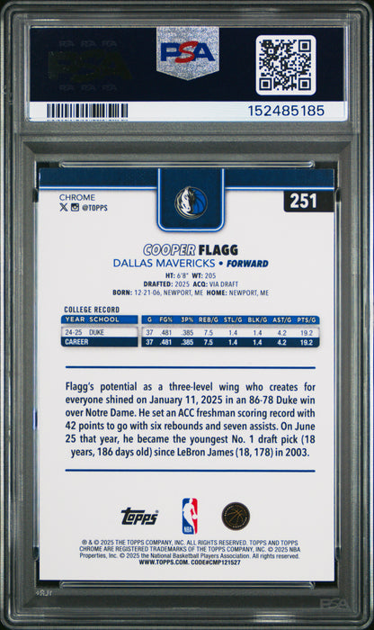 Cooper Flagg 2025 Topps Chrome Rookie #251 Red White Blue Refractor PSA 9 Mint 5185