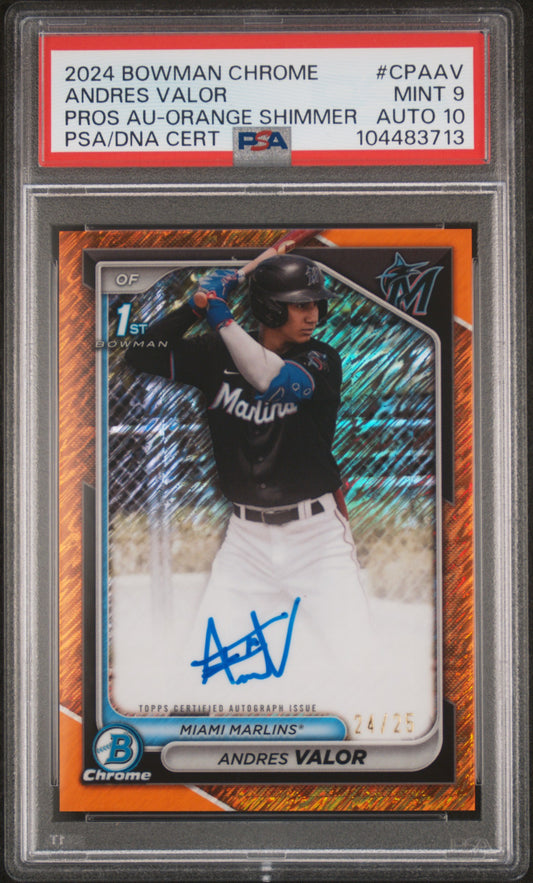 Andres Valor 2024 Bowman Chrome Orange Shimmer Auto #24/25 PSA 9 Auto 10