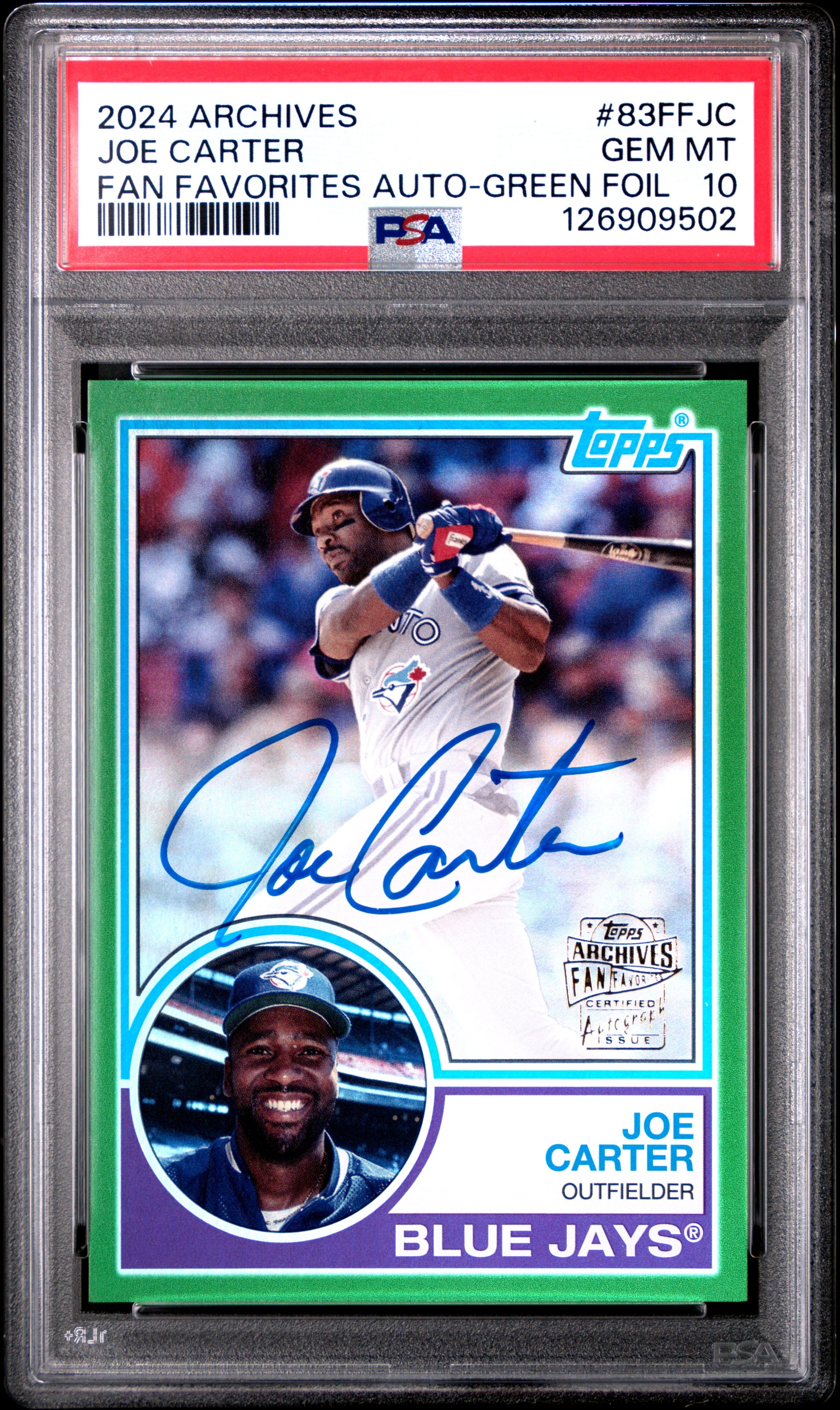 Joe Carter 2024 Topps Archives Fan Favorites Green Foil Auto #38/99 PSA 10 Gem Mint