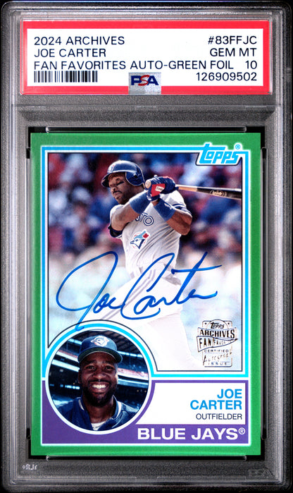 Joe Carter 2024 Topps Archives Fan Favorites Green Foil Auto #38/99 PSA 10 Gem Mint
