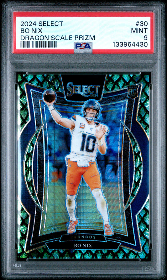 Bo Nix 2024 Panini Select Rookie #30 Dragon Scale Prizm #22/81 PSA 9 Mint