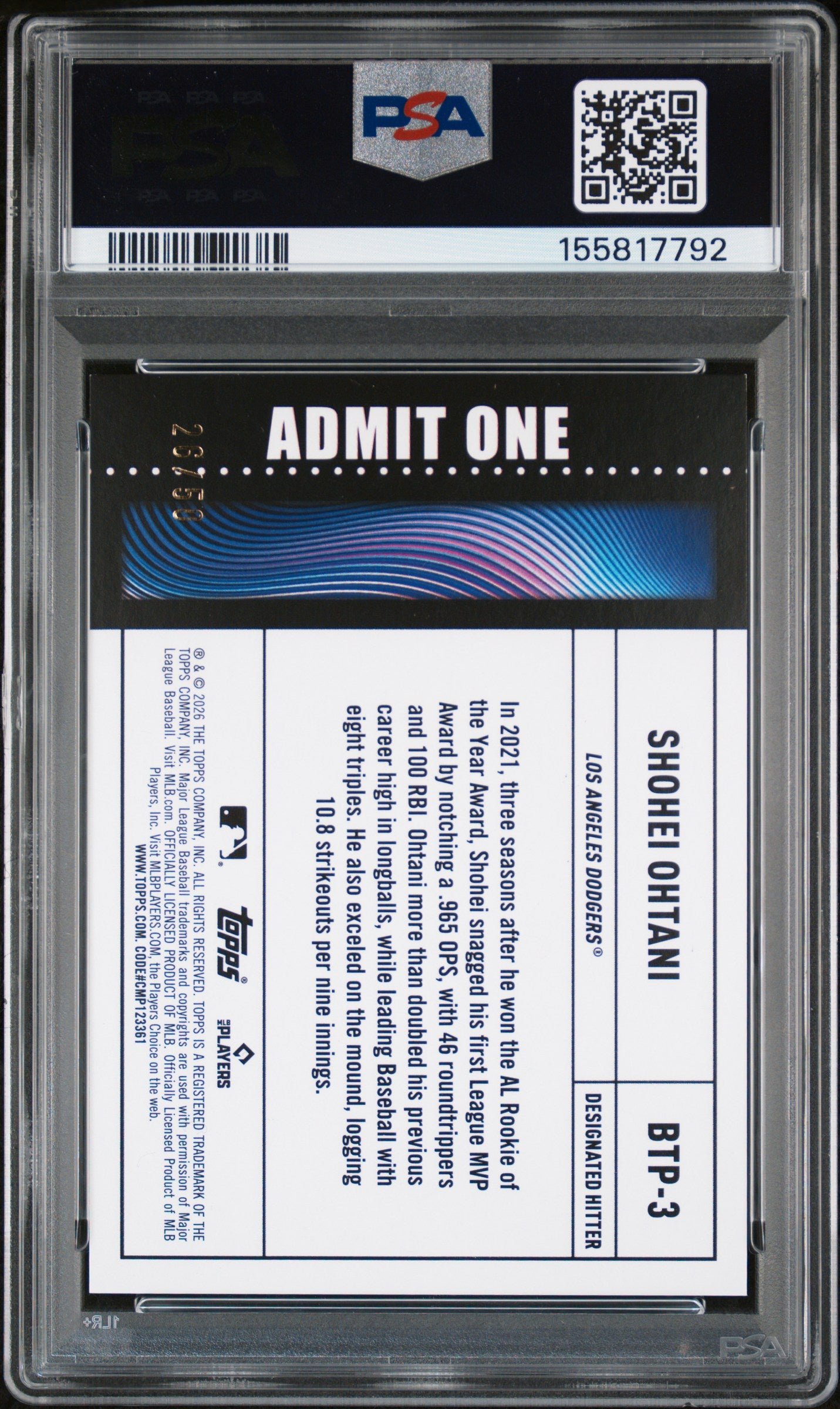 Shohei Ohtani 2026 Topps Big Ticket Player Gold Foil #26/50 PSA 9 Mint